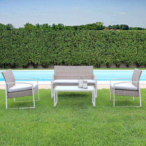 Set Salotto da Giardino Divano 2 Poltrone e Tavolino con Cuscini in Wicker Marrone