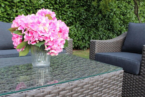 Set Salotto da Giardino Divano 2 Poltrone e Tavolino con Cuscini in Wicker Marrone