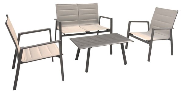 Set Salotto da Giardino Divano 2 Poltrone e Tavolino in Alluminio Taupe