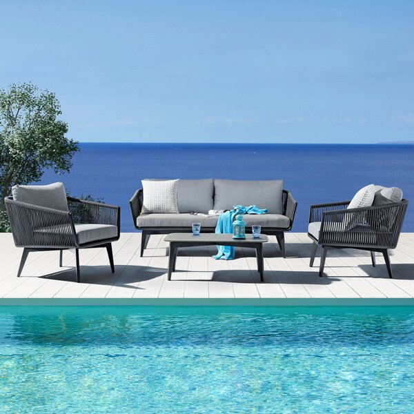 Set Salotto da Giardino Divano 2 Poltrone e Tavolino con Cuscini in Alluminio Antracite