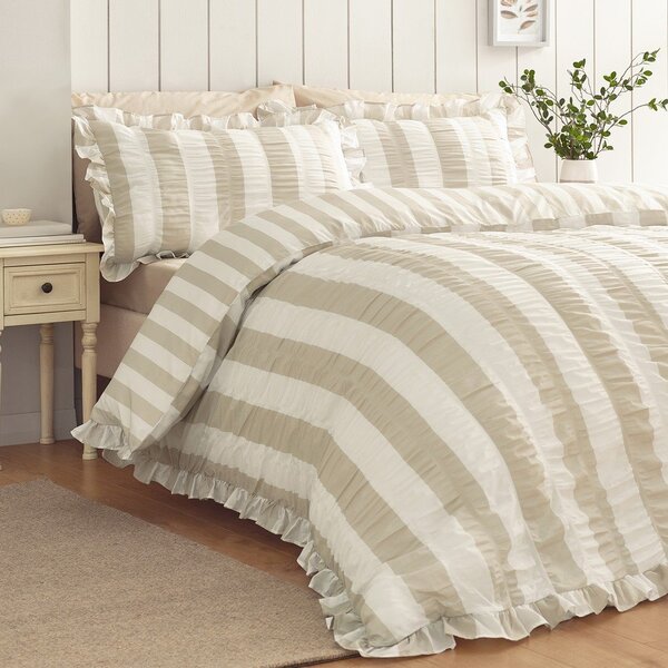 Set copripiumino e federa beige per letto singolo 135x200 cm Seersucker Frill Stripe – Catherine Lansfield
