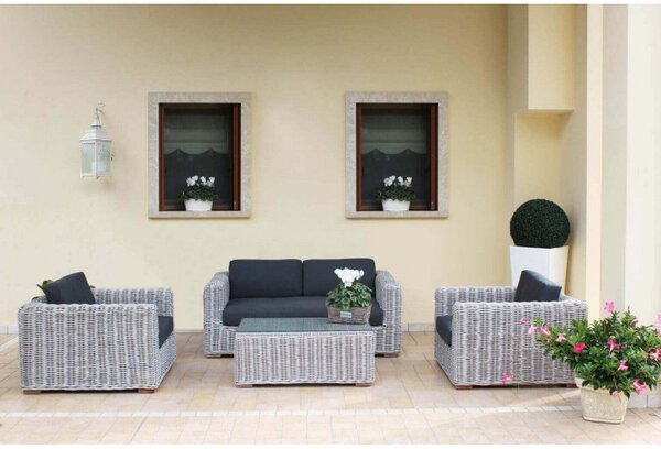 Set Salotto da Giardino Divano 2 Poltrone e Tavolino con Cuscini in Rattan Grigio