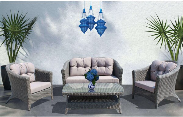 Set Salotto da Giardino Divano 2 Poltrone e Tavolino con Cuscini in Wicker Grigio