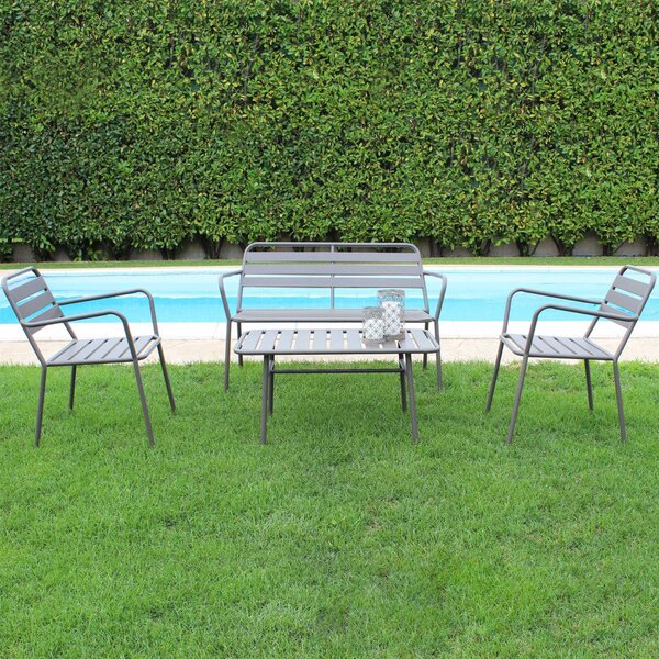 Set Salotto da Giardino Divano 2 Poltrone e Tavolino in Acciaio Taupe