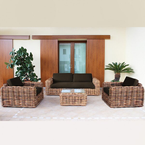Set Salotto da Giardino Divano 2 Poltrone e Tavolino con Cuscini in Rattan Marrone