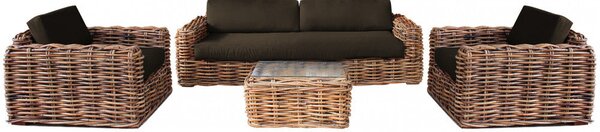 Set Salotto da Giardino Divano 2 Poltrone e Tavolino con Cuscini in Rattan Marrone