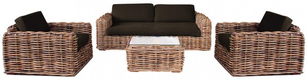 Set Salotto da Giardino Divano 2 Poltrone e Tavolino con Cuscini in Rattan Marrone