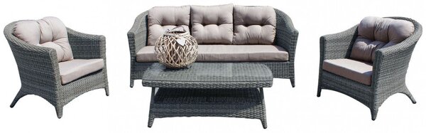 Set Salotto da Giardino Divano 2 Poltrone e Tavolino con Cuscini in Wicker Grigio