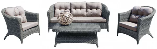Set Salotto da Giardino Divano 2 Poltrone e Tavolino con Cuscini in Wicker Grigio