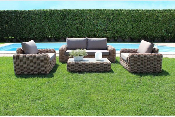 Set Salotto da Giardino Divano 2 Poltrone e Tavolino con Cuscini in Alluminio Marrone