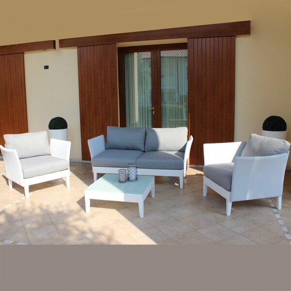 Set Salotto da Giardino Divano 2 Poltrone e Tavolino con Cuscini in Alluminio Bianco