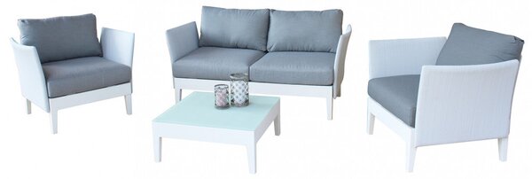 Set Salotto da Giardino Divano 2 Poltrone e Tavolino con Cuscini in Alluminio Bianco