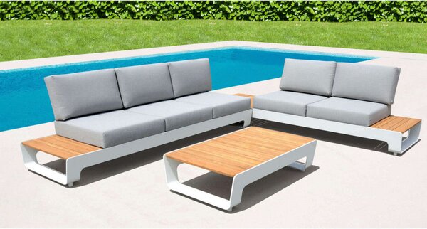 Set Salotto da Giardino Divano 2 Poltrone e Tavolino con Cuscini in Teak Bianco