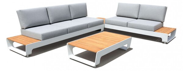 Set Salotto da Giardino Divano 2 Poltrone e Tavolino con Cuscini in Teak Bianco