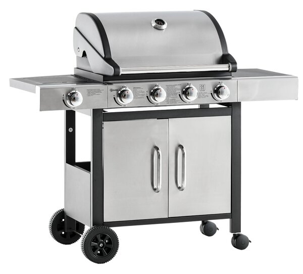 Barbecue a Gas 4 Fuochi + 1 Fornello Laterale 128x50x113 cm in Metallo e Acciaio Inox