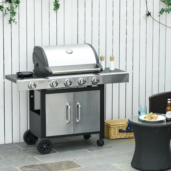 Barbecue a Gas 4 Fuochi + 1 Fornello Laterale 128x50x113 cm in Metallo e Acciaio Inox