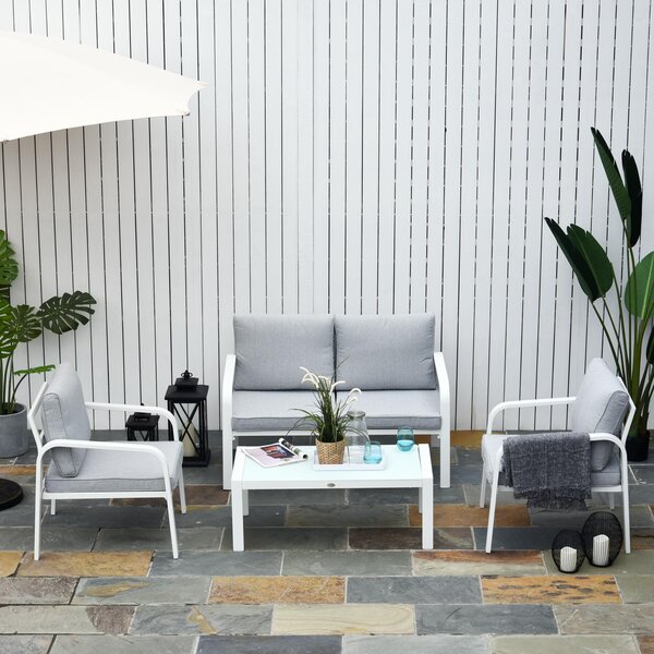 Set da Giardino Divano 2 Poltrone e Tavolino in Alluminio Bianco e Grigio