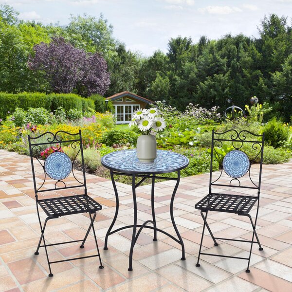 Set Tavolo e 2 Sedie Pieghevoli da Giardino con Mosaico in Metallo