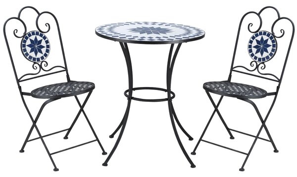 Set Tavolo e 2 Sedie Pieghevoli da Giardino con Mosaico in Metallo