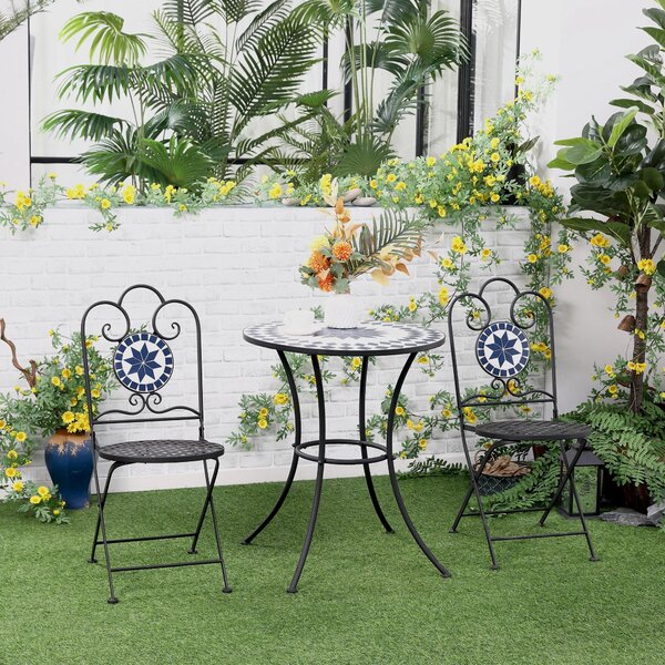 Set Tavolo e 2 Sedie Pieghevoli da Giardino con Mosaico in Metallo