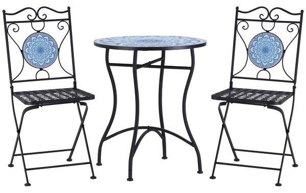 Set Tavolo e 2 Sedie Pieghevoli da Giardino con Mosaico in Metallo