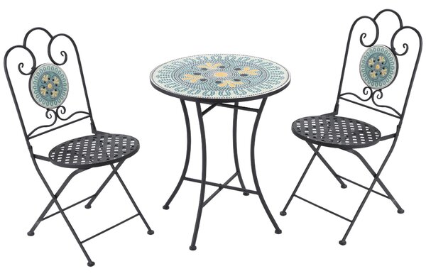 Set Tavolo e 2 Sedie Pieghevoli da Giardino con Mosaico in Metallo
