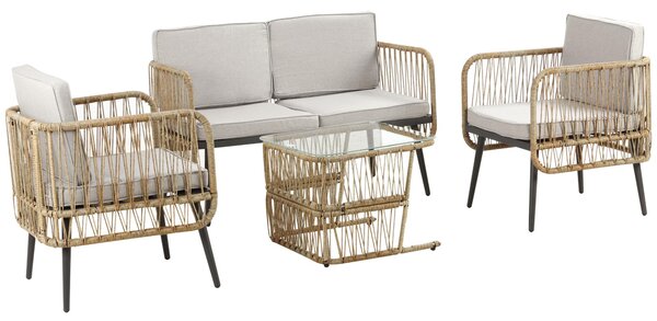 Set da Giardino Divano 2 Poltrone e Tavolino in Rattan Beige
