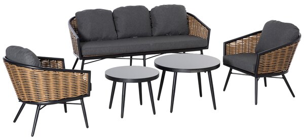 Set da Giardino Divano 2 Poltrone e 2 Tavolini Nero e Rattan