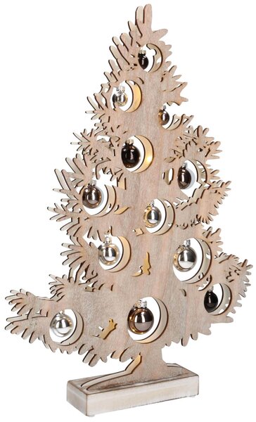 Albero di Natale in Legno 50 cm con Led e Palline Sbiancato