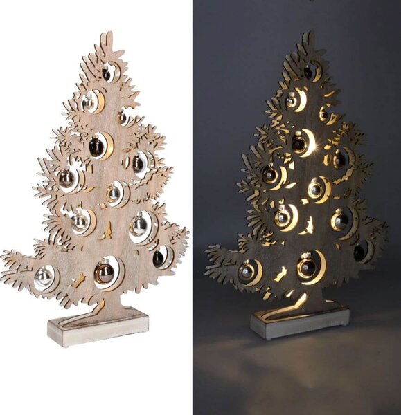 Albero di Natale in Legno 50 cm con Led e Palline Sbiancato