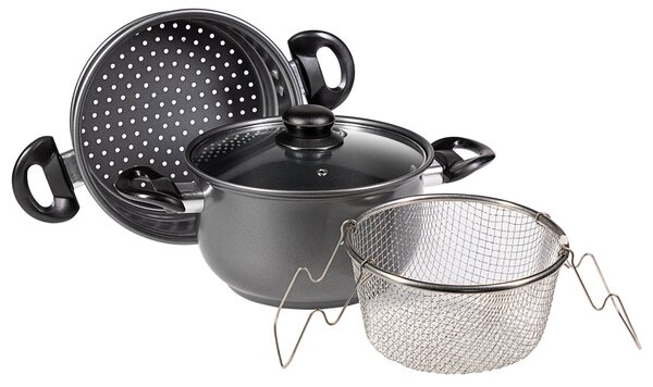 Batteria di Pentole 4 Pezzi in Alluminio Pressofuso Antiaderente Collection Set Friggi Vapo Grigio