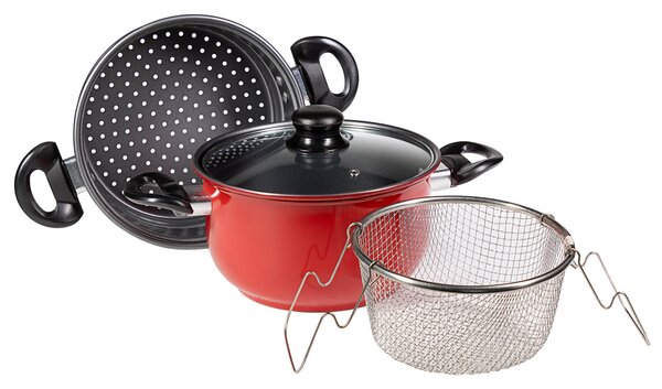 Batteria di Pentole 4 Pezzi in Alluminio Pressofuso Antiaderente Collection Set Friggi Vapo Grigio e Rosso