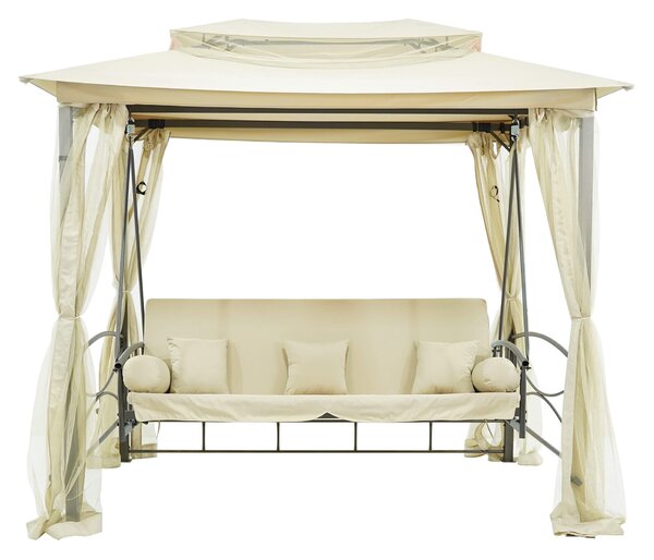 Dondolo Letto 3 Posti 255x175x250 cm con Copertura a Gazebo e Zanzariera Beige