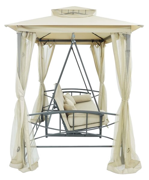 Dondolo Letto 3 Posti 255x175x250 cm con Copertura a Gazebo e Zanzariera Beige