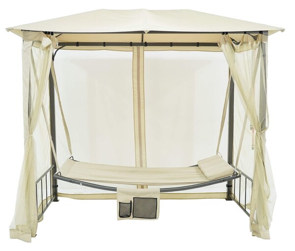Dondolo Letto 3 Posti 237x155x217 cm con Copertura a Gazebo e Zanzariera Beige