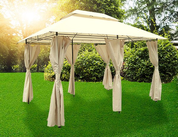 Gazebo da Giardino 4x3m con Tende Laterali in Acciaio e Poliestere Ecrù