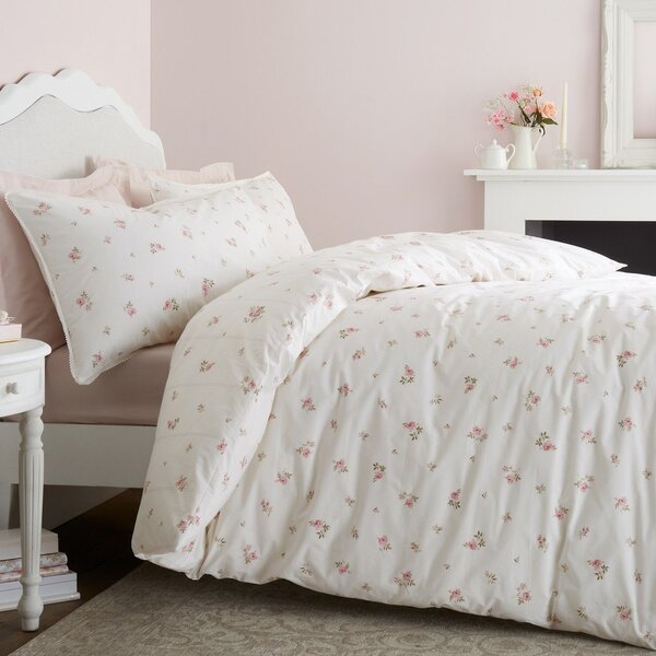 Set copripiumino e federa color crema in percalle di cotone per letto singolo 135x200 cm Vintage Rosebud Lace – Bianca