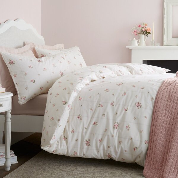 Set copripiumino e federa color crema in percalle di cotone per letto singolo 135x200 cm Vintage Rosebud Lace – Bianca