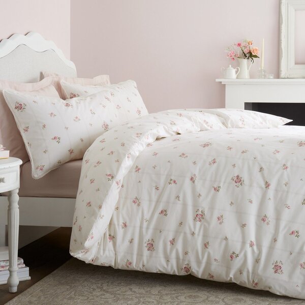 Set copripiumino e federa color crema in percalle di cotone per letto singolo 135x200 cm Vintage Rosebud Lace – Bianca