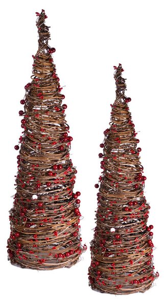 Set 2 Alberi di Natale Luminosi 50/80 LED in Vimini H60cm Marrone e Rosso