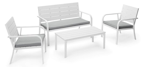 Set Salotto da Giardino Divano 2 Poltrone e Tavolino in Acciaio Bianco