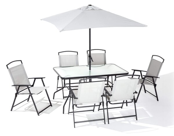 Set Tavolo 6 Sedie e Ombrellone da Giardino in Acciaio e Textilene Grigio