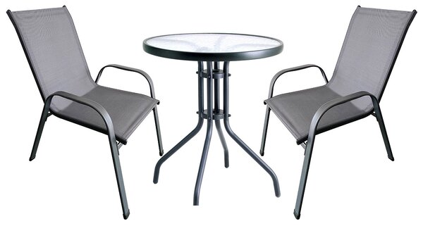 Set Tavolino e 2 Sedie da Giardino in Acciaio e Textilene Grigio Scuro