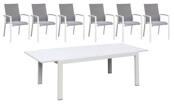Set Tavolo Allungabile e 6 Sedie da Giardino in Alluminio e Textilene Bianco