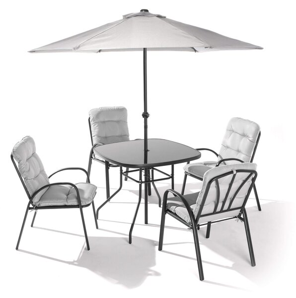 Set Tavolo 4 Sedie e Ombrellone da Giardino in Acciaio con Cuscini Grigio Chiaro