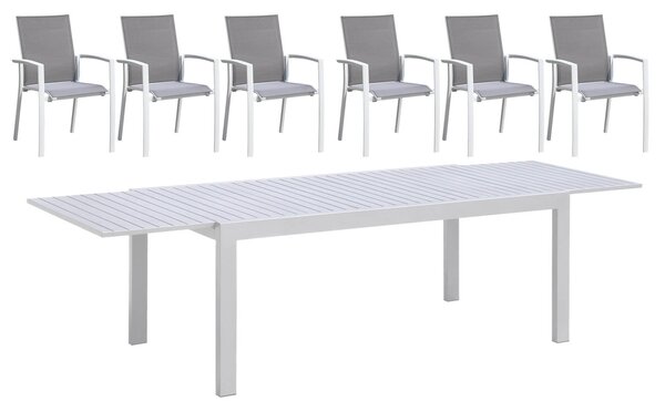 Set Tavolo Allungabile e 6 Sedie da Giardino in Alluminio e Textilene Bianco