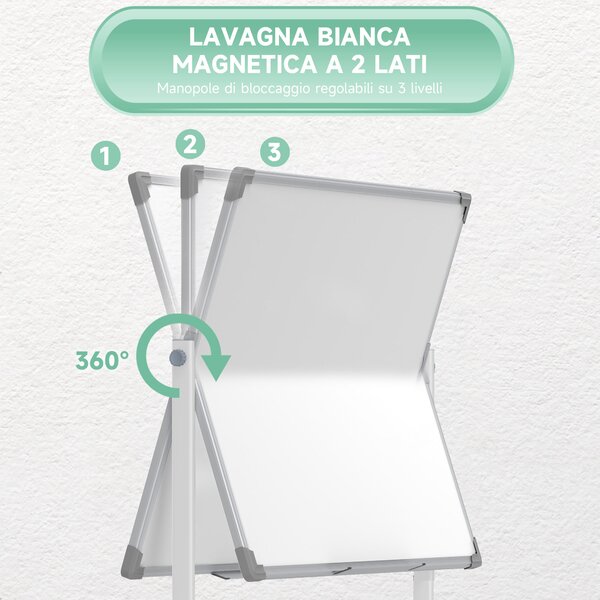 HOMCOM Lavagna Magnetica Bianca a 2 Facce con Accessori e 4 Ruote, in Alluminio e Acciaio, 127x50x165 cm
