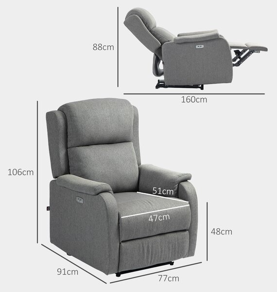 HOMCOM Poltrona Reclinabile con Poggiapiedi e USB, Sedia fino a 160 ° in Tessuto Effetto Lino, 77x91x106 cm, Grigio Scuro | Aosom Italy