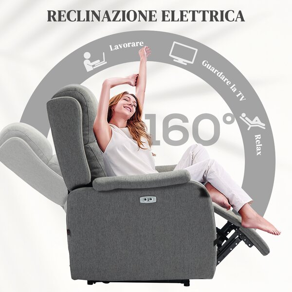HOMCOM Poltrona Reclinabile con Poggiapiedi e USB, Sedia fino a 160 ° in Tessuto Effetto Lino, 77x91x106 cm, Grigio Scuro | Aosom Italy