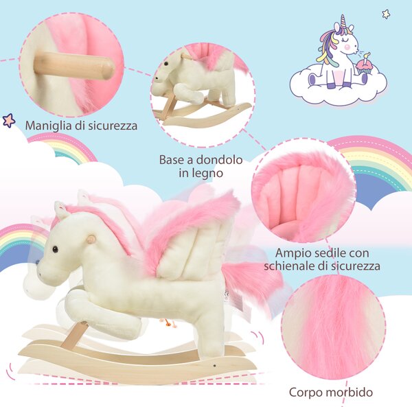 HOMCOM Cavallo a Dondolo Bianco e Rosa con Suoni e Struttura in Legno di Pioppo per Bambini 18-36 Mesi, 70x28x57cm|Aosom